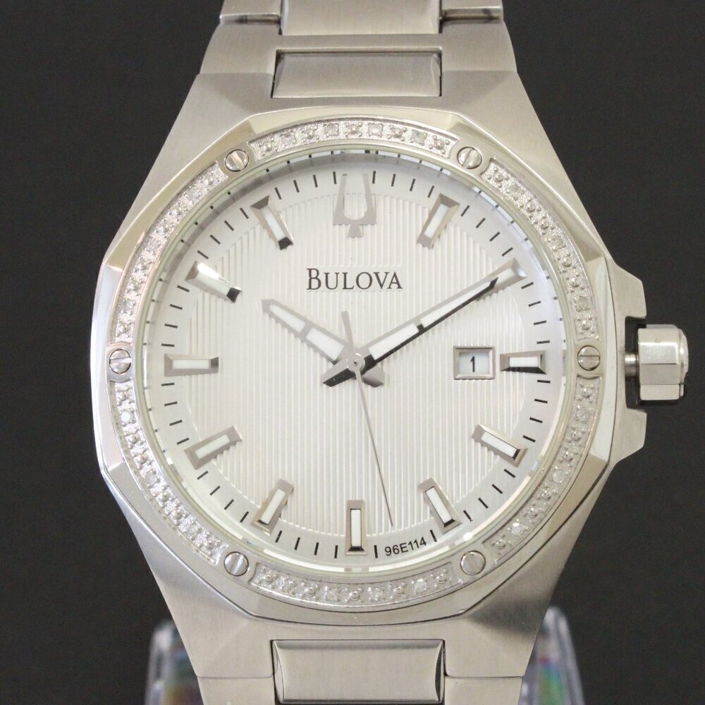 Bulova Men's Watch Diamond-Accent Bezel Integrated Bracelet Silver Textured Dial - Picture 9 of 15